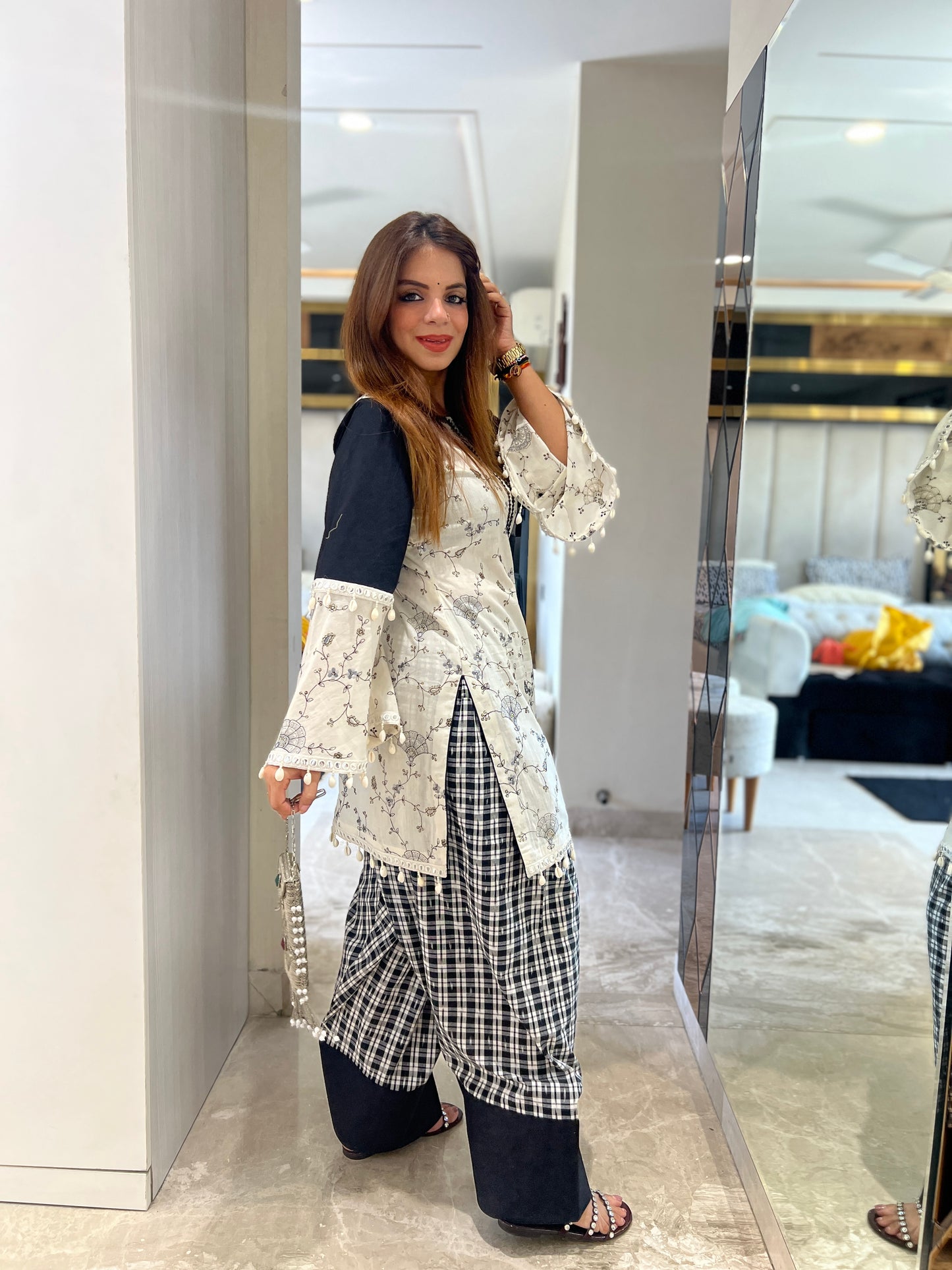 Farsi Salwar Suit with Embroidery, Laces & Bell Sleeves – Elegant Ethnic Wear