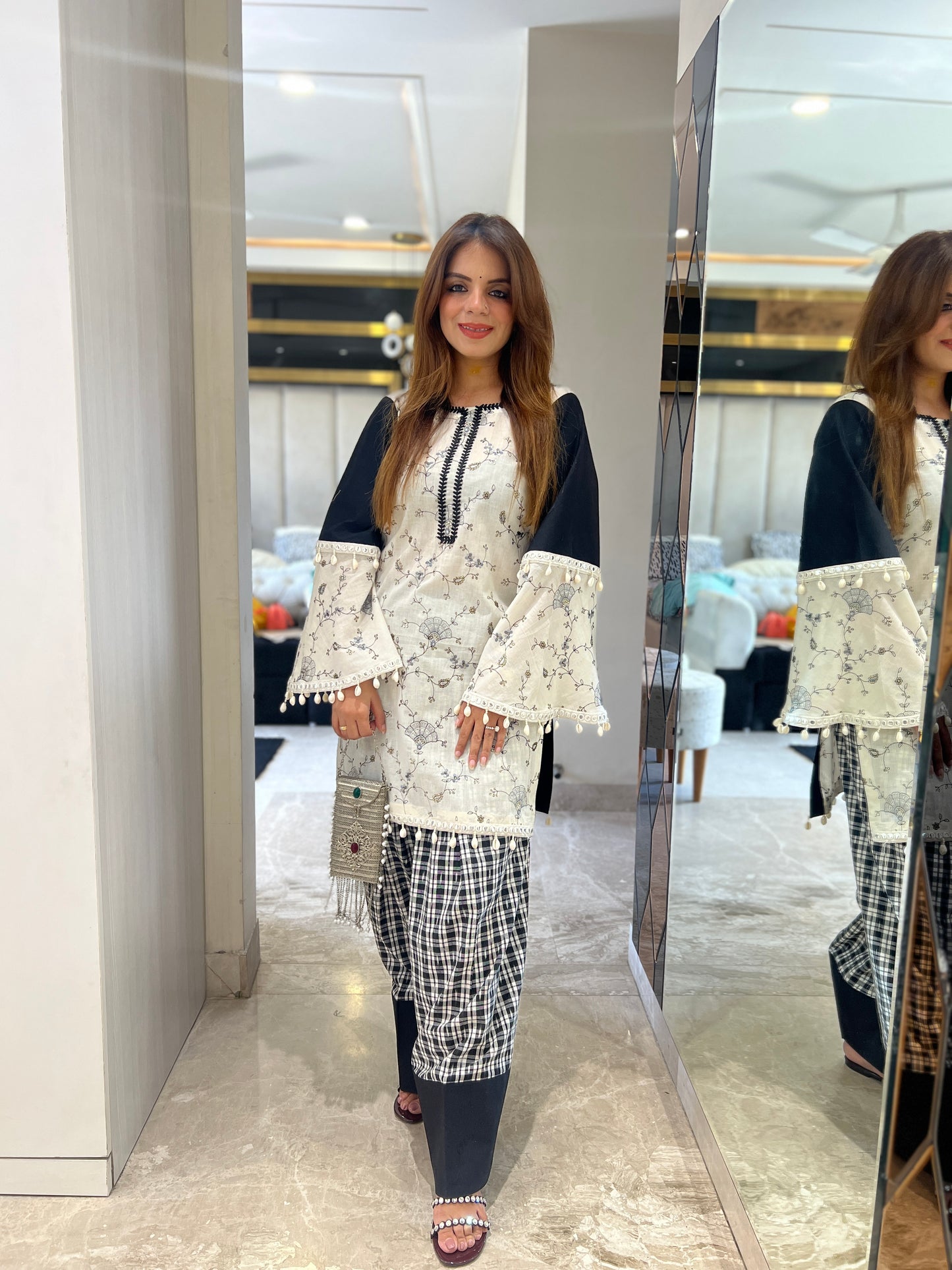 Farsi Salwar Suit with Embroidery, Laces & Bell Sleeves – Elegant Ethnic Wear