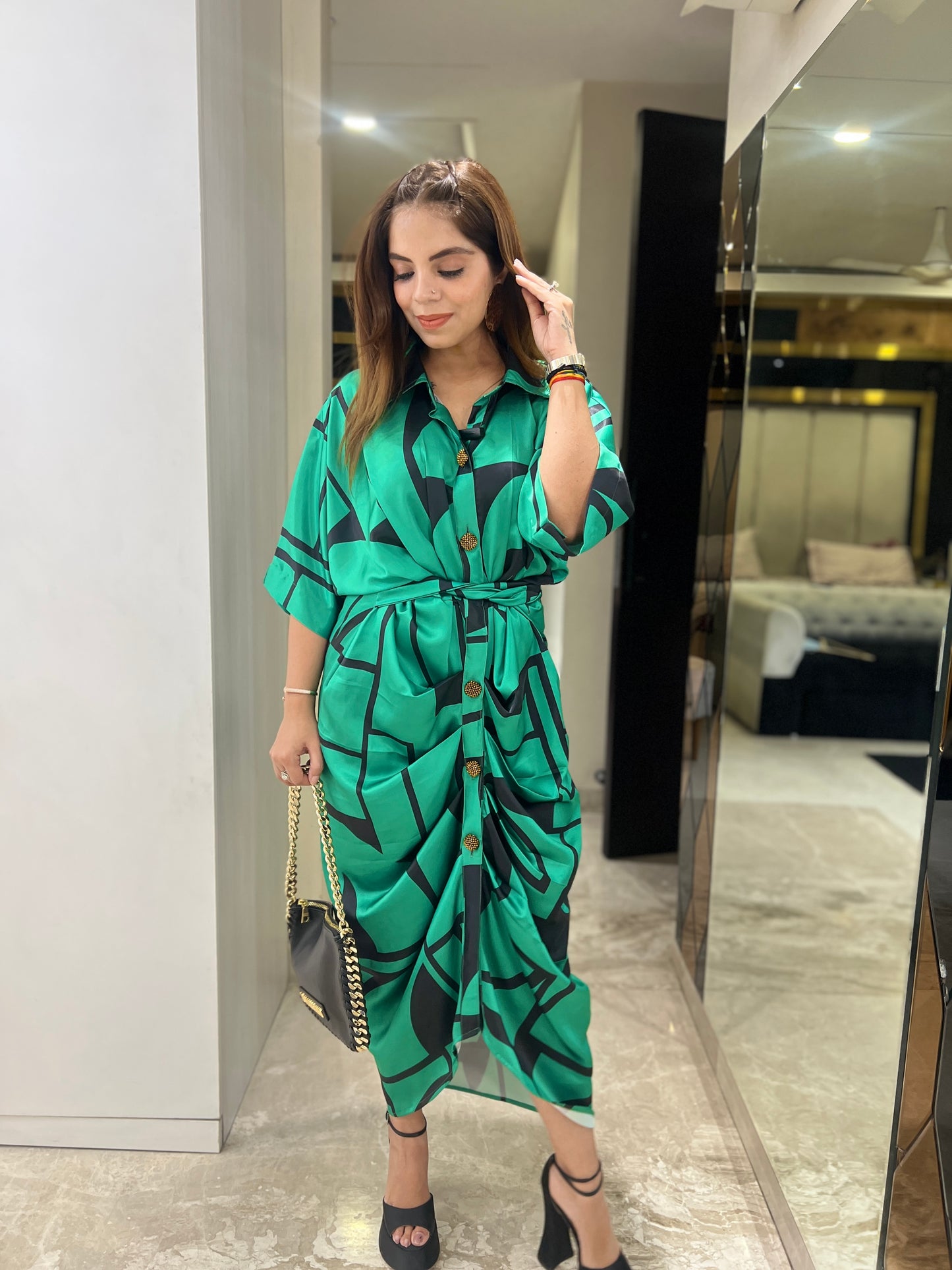 Emerald Green Draped Shirt Dress with Abstract Leaf Print – Stylish Women's Midi Dress