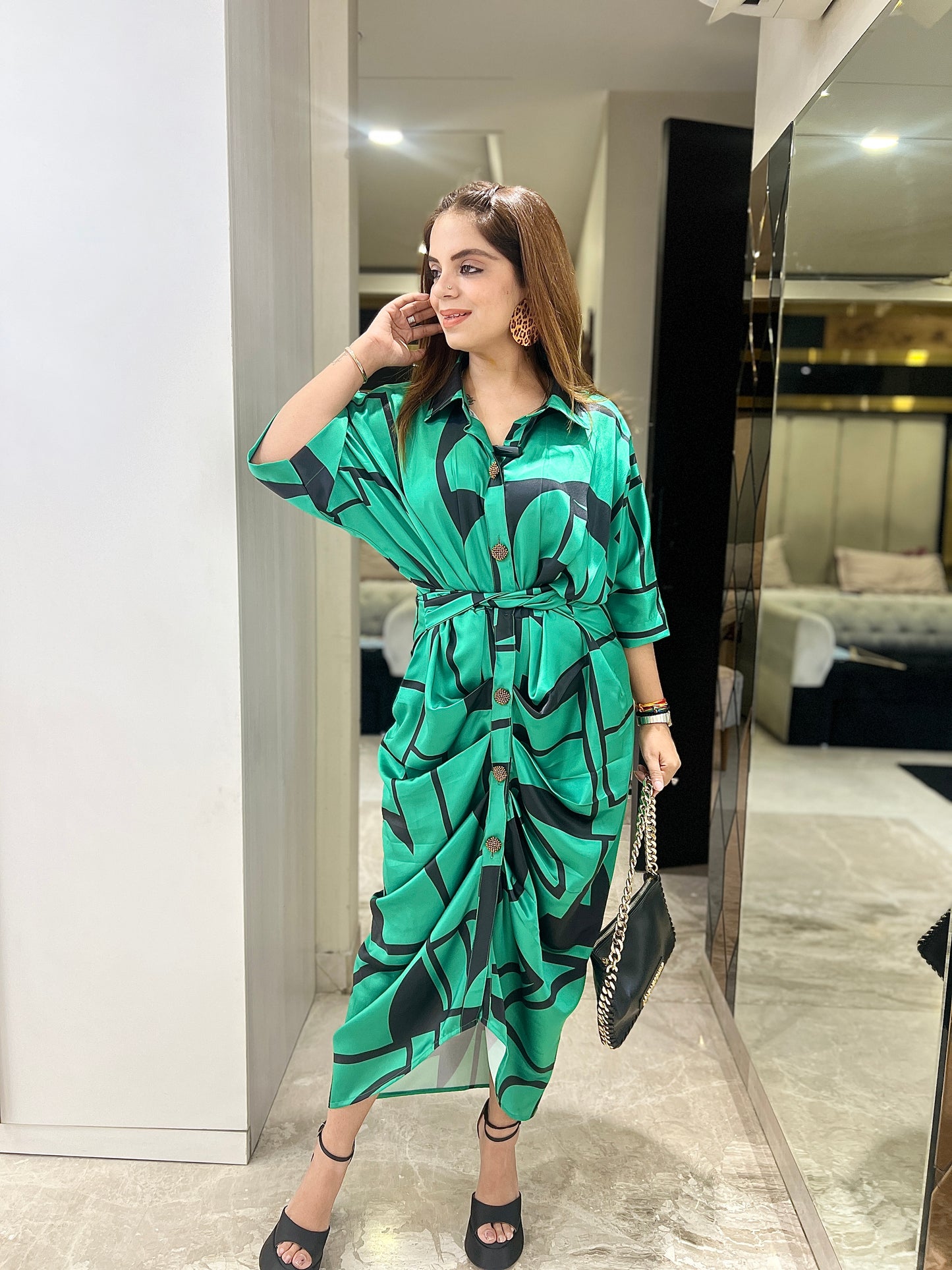 Emerald Green Draped Shirt Dress with Abstract Leaf Print – Stylish Women's Midi Dress