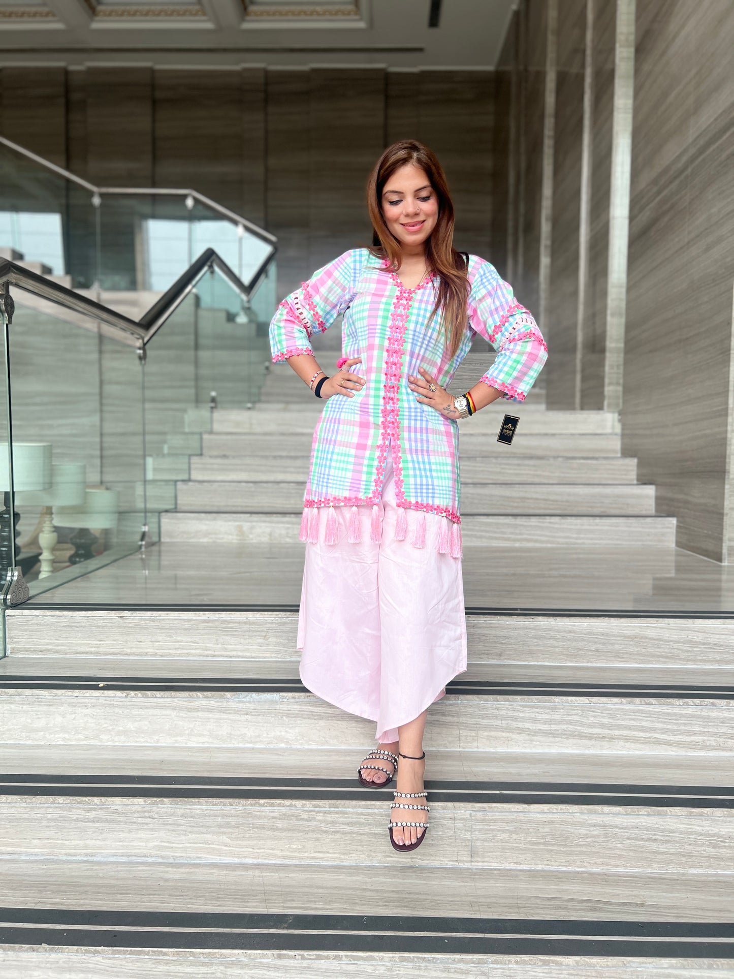 Pastel Checkered Kurta Set with Tassel Detailing – Women's Summer Fusion Co-ord