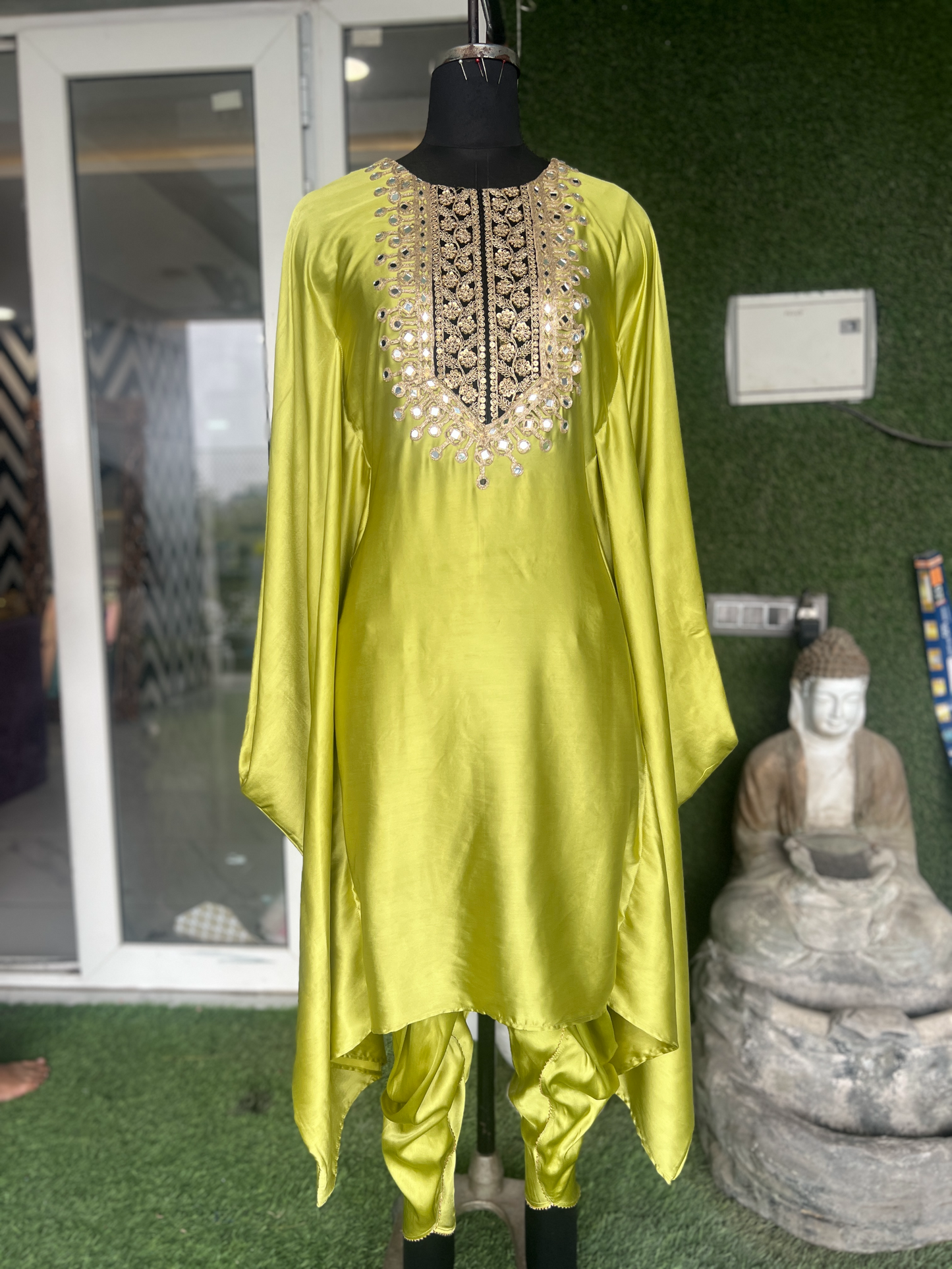 Elegant lime green embroidered kaftan set for women – perfect for casual or festive occasions