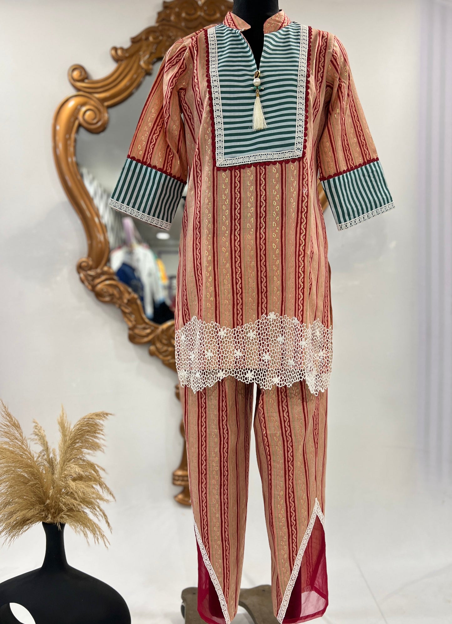 Designer kurta pant set for women in beige and red with stripe print