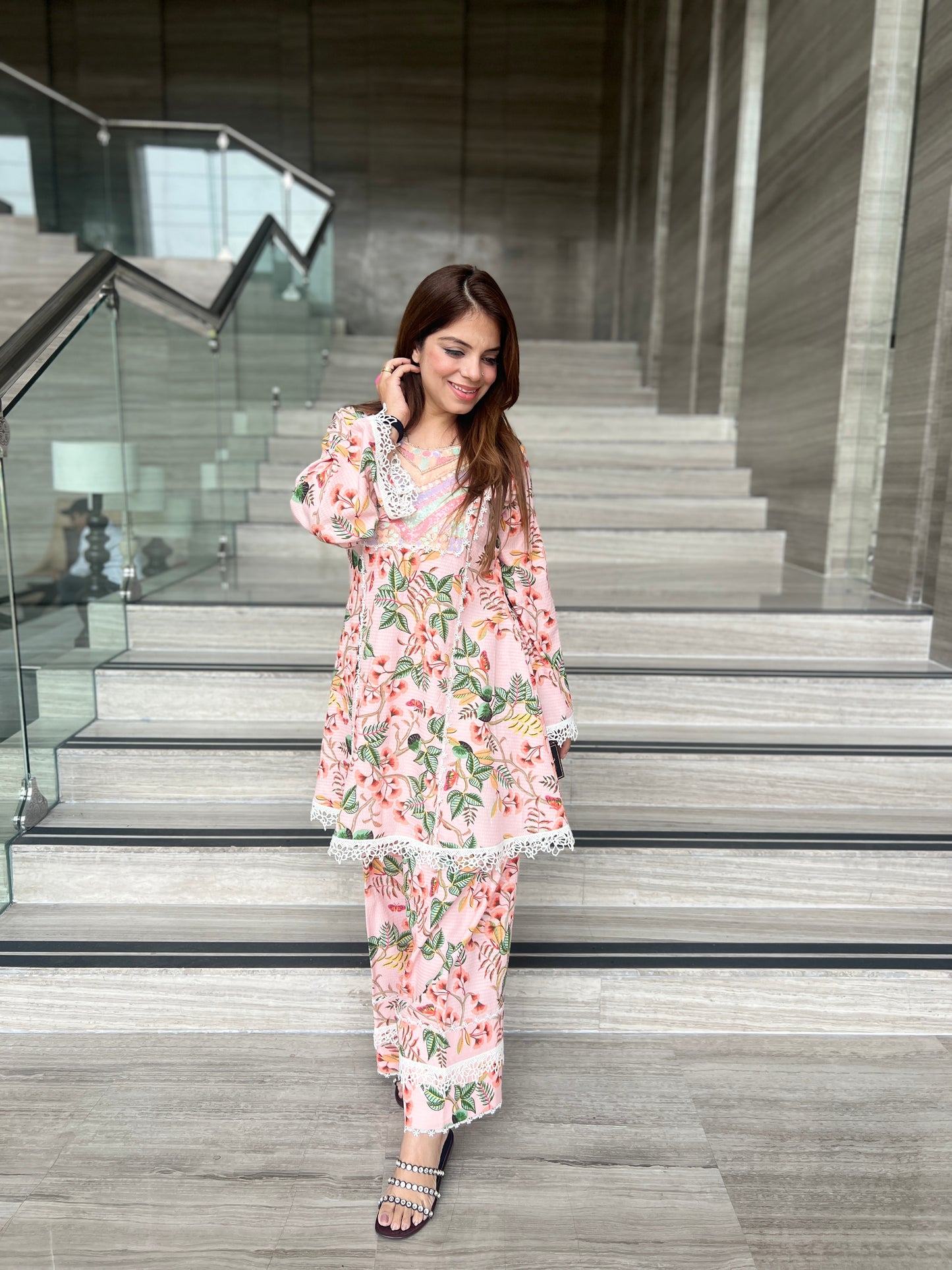 Blush Pink Floral Kurta Set with Lace Detailing – Women's Summer Ethnic Co-ord