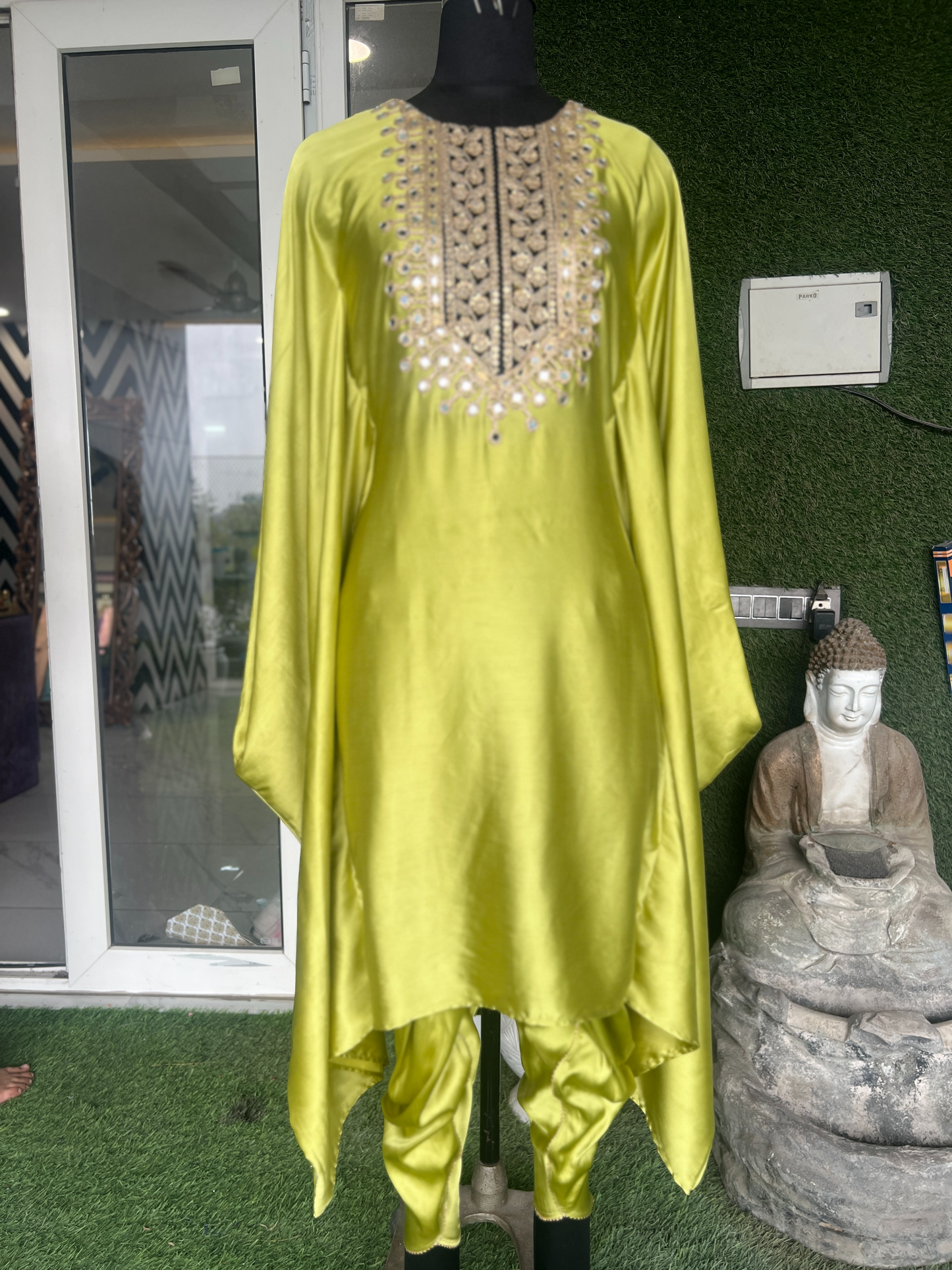 Elegant lime green embroidered kaftan set for women – perfect for casual or festive occasions
