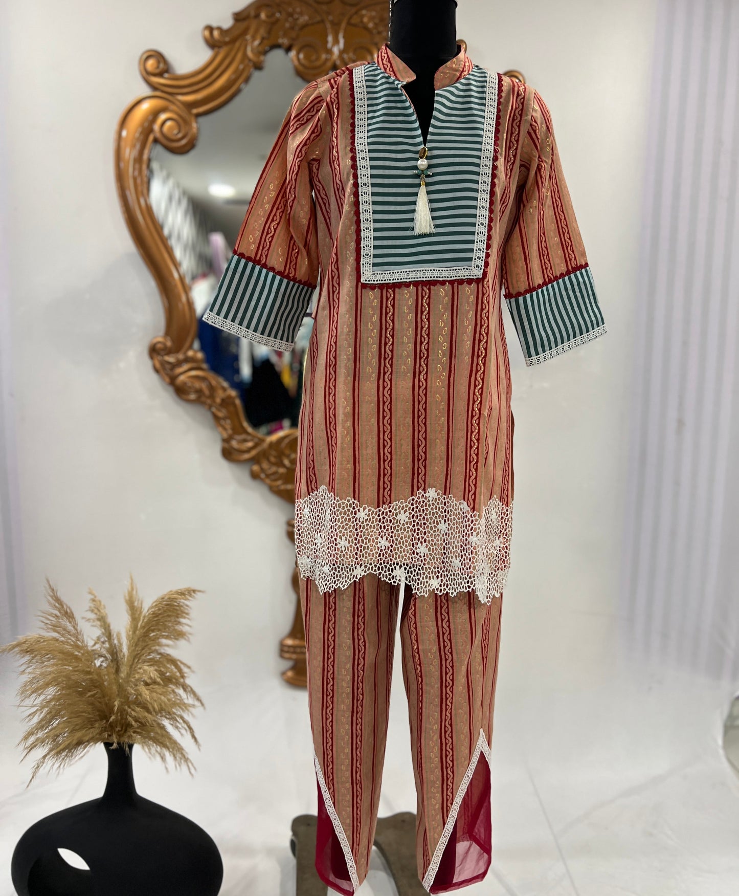 Beige and Maroon Striped Kurta Set with Lace Detailing – Women's Ethnic Wear