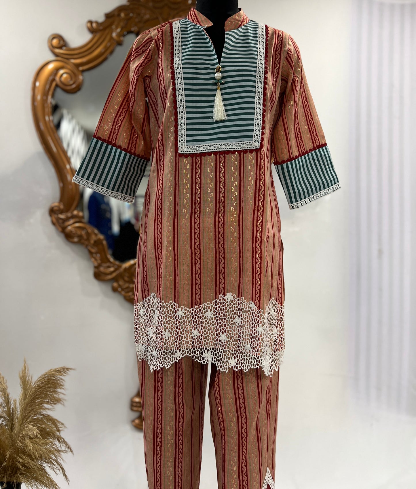 Beige and Maroon Striped Kurta Set with Lace Detailing – Women's Ethnic Wear