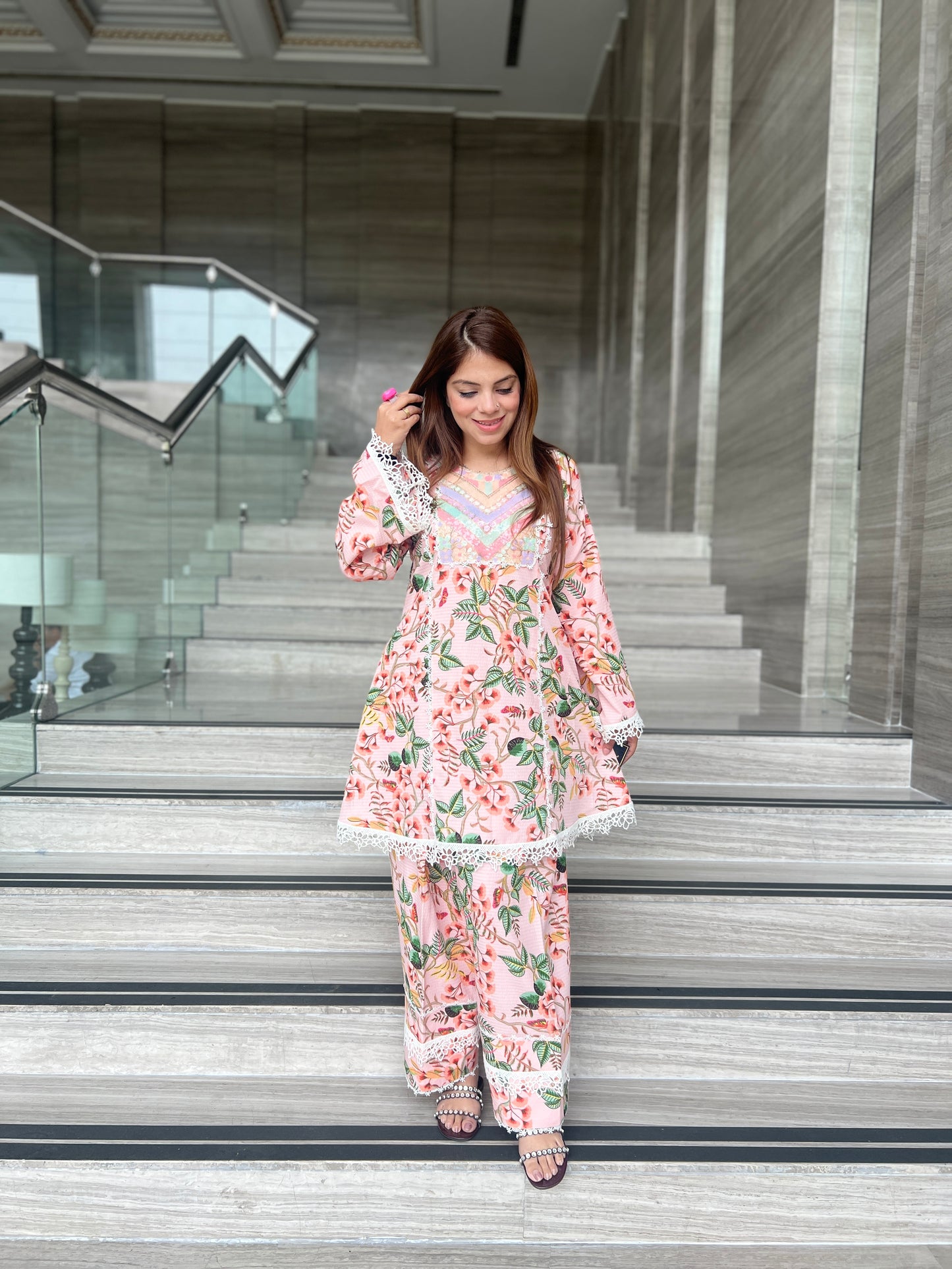 Blush Pink Floral Kurta Set with Lace Detailing – Women's Summer Ethnic Co-ord