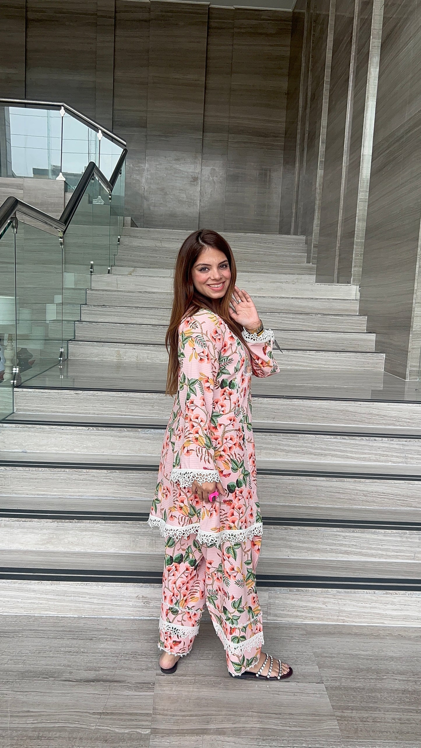 Blush Pink Floral Kurta Set with Lace Detailing – Women's Summer Ethnic Co-ord