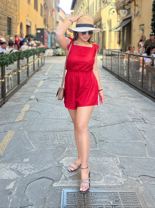 Bold Red Tie-Shoulder Romper – Lightweight Summer Style for Women