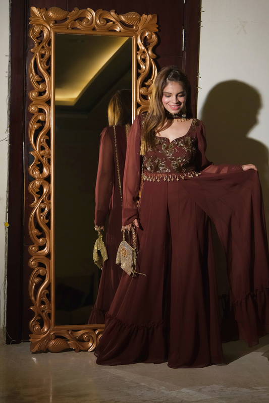 Enchanting Elegance Anarkali suit with plazo pants – modern Indian ethnic wear for festive occasions
