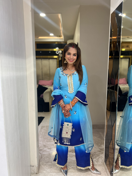 Luxurious Wrinkle Blue Ombre Embroidered Suit – Modern & Timeless Elegance