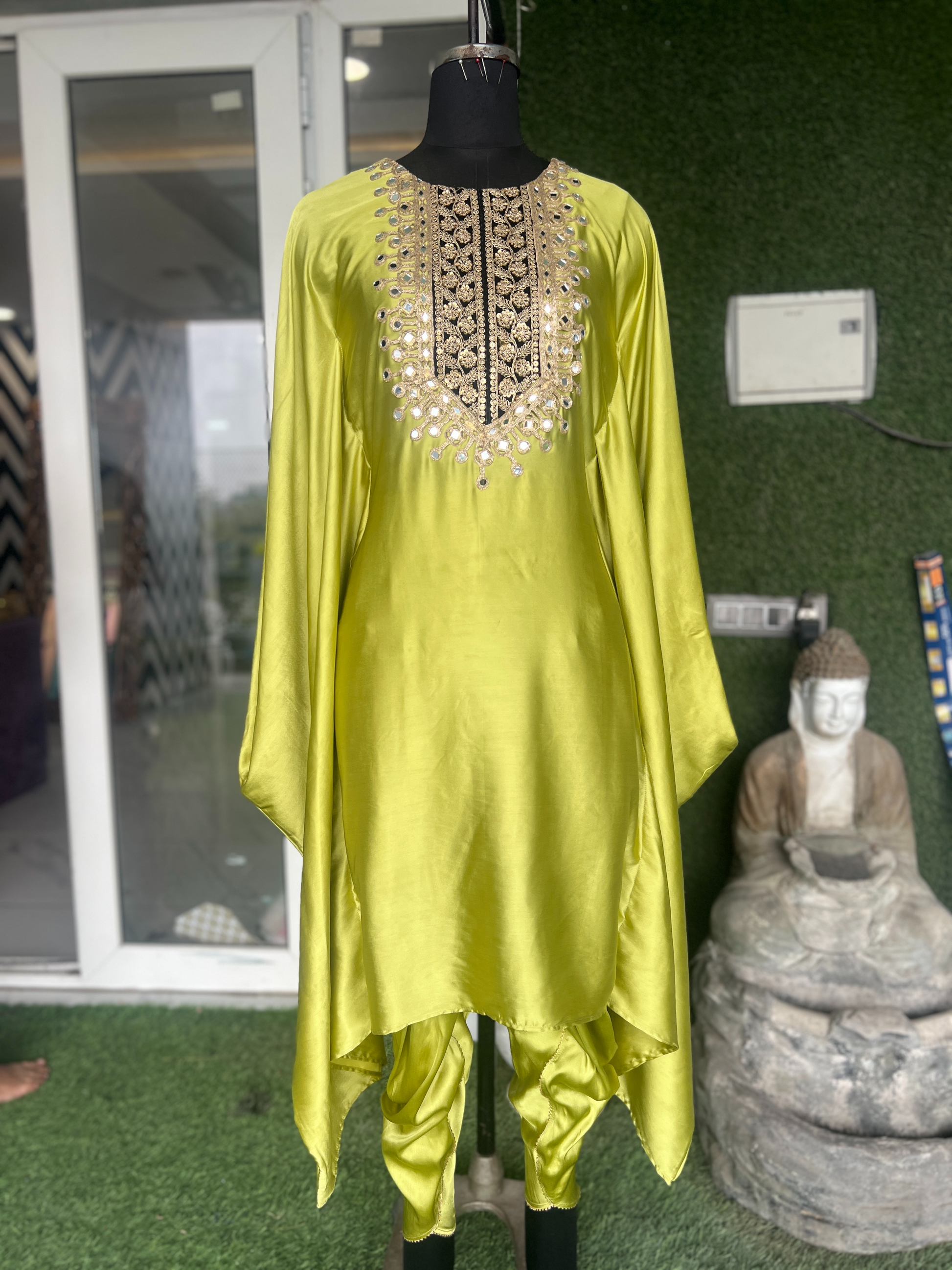 Elegant lime green embroidered kaftan set for women – perfect for casual or festive occasions
