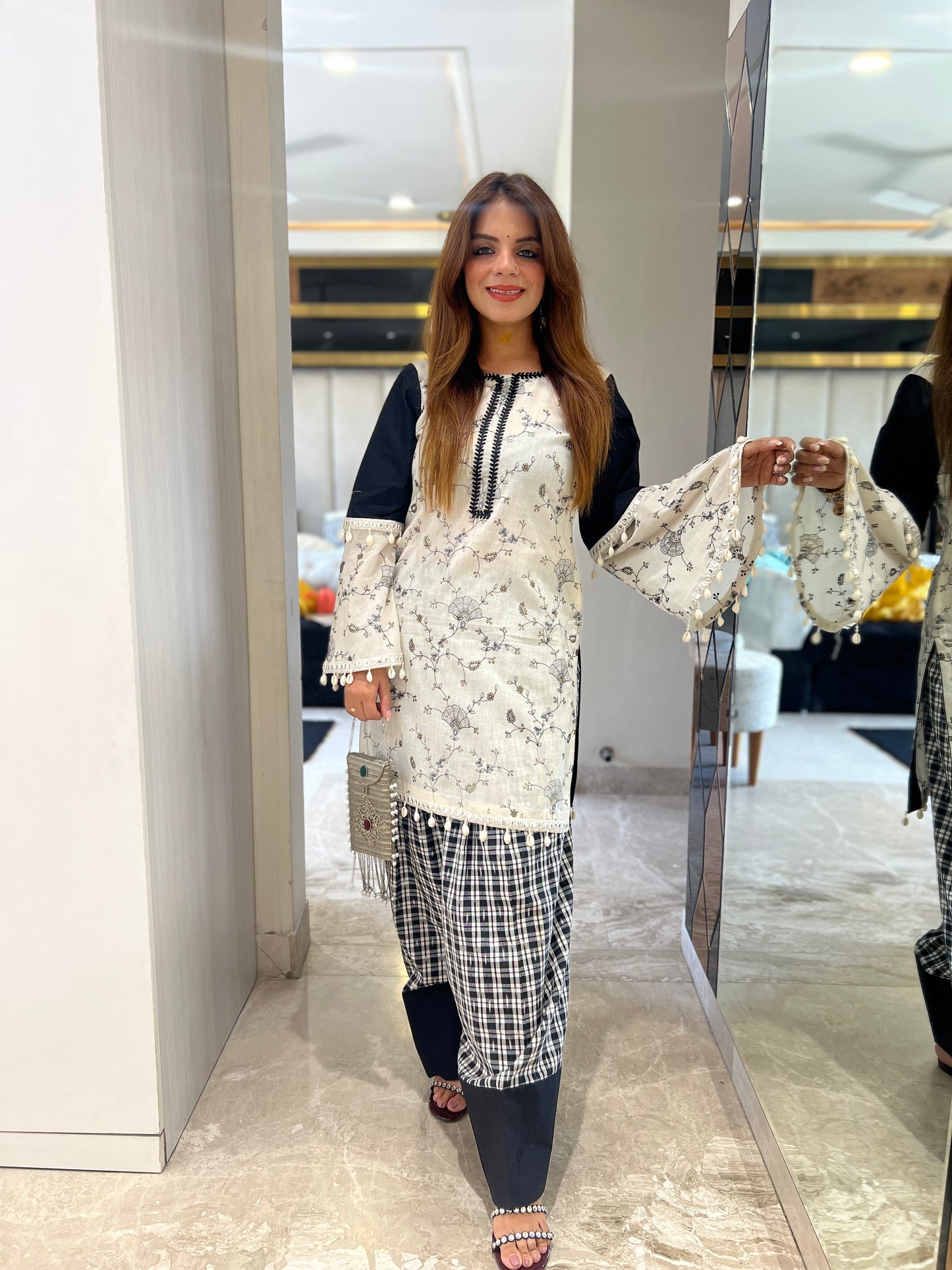 Farsi Salwar Suit with Embroidery, Laces & Bell Sleeves – Elegant Ethnic Wear