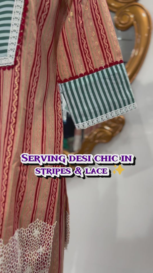Beige and Maroon Striped Kurta Set with Lace Detailing – Women's Ethnic Wear